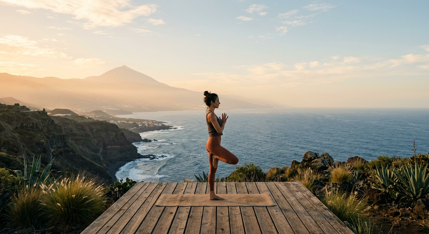 A woman in tree pose on a clifftop deck above the Atlantic, with Mount Teide in the distance at sunrise