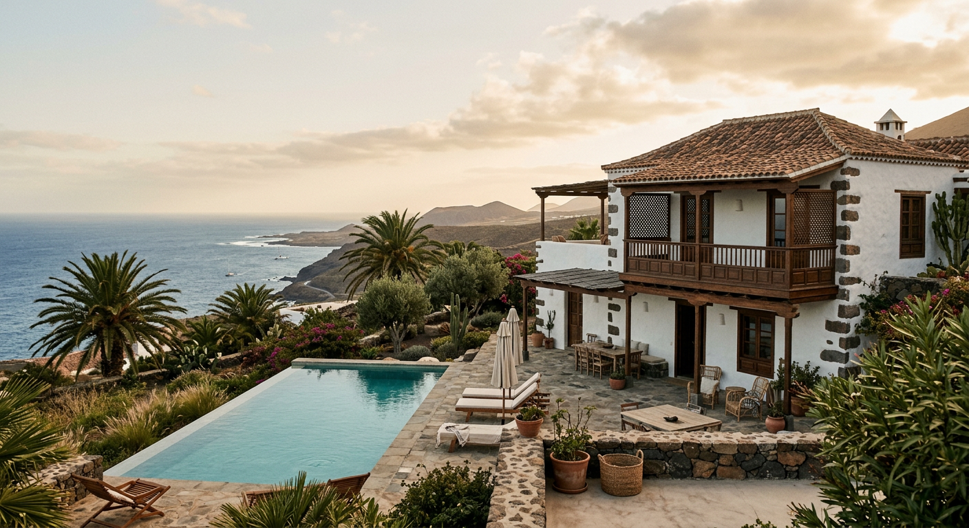 A whitewashed Canarian finca with wooden balconies and palm trees